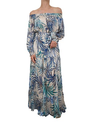 Abito lungo Guess Jeans con spalle scoperte e stampa floreale blu con cintura in vita in DONNA