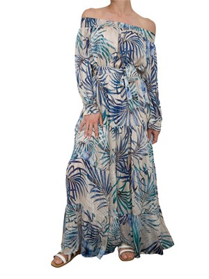 Abito lungo Guess Jeans con spalle scoperte e stampa floreale blu con cintura in vita in DONNA