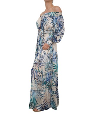 Abito lungo Guess Jeans con spalle scoperte e stampa floreale blu con cintura in vita in DONNA