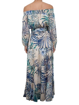Abito lungo Guess Jeans con spalle scoperte e stampa floreale blu con cintura in vita in DONNA