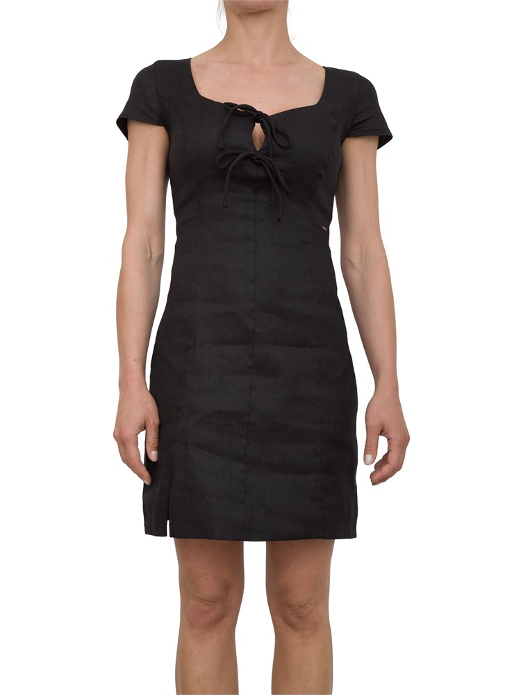 Mini abito Guess Jeans in misto lino nero con scollo a cuore