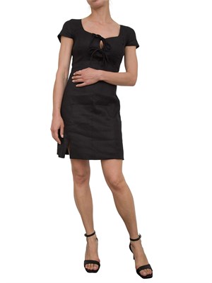 Mini abito Guess Jeans in misto lino nero con scollo a cuore in DONNA