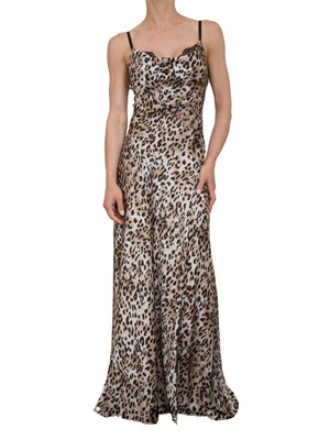 Abito lungo Guess Jeans in raso stretch con stampa animalier e scollo con pizzo in DONNA