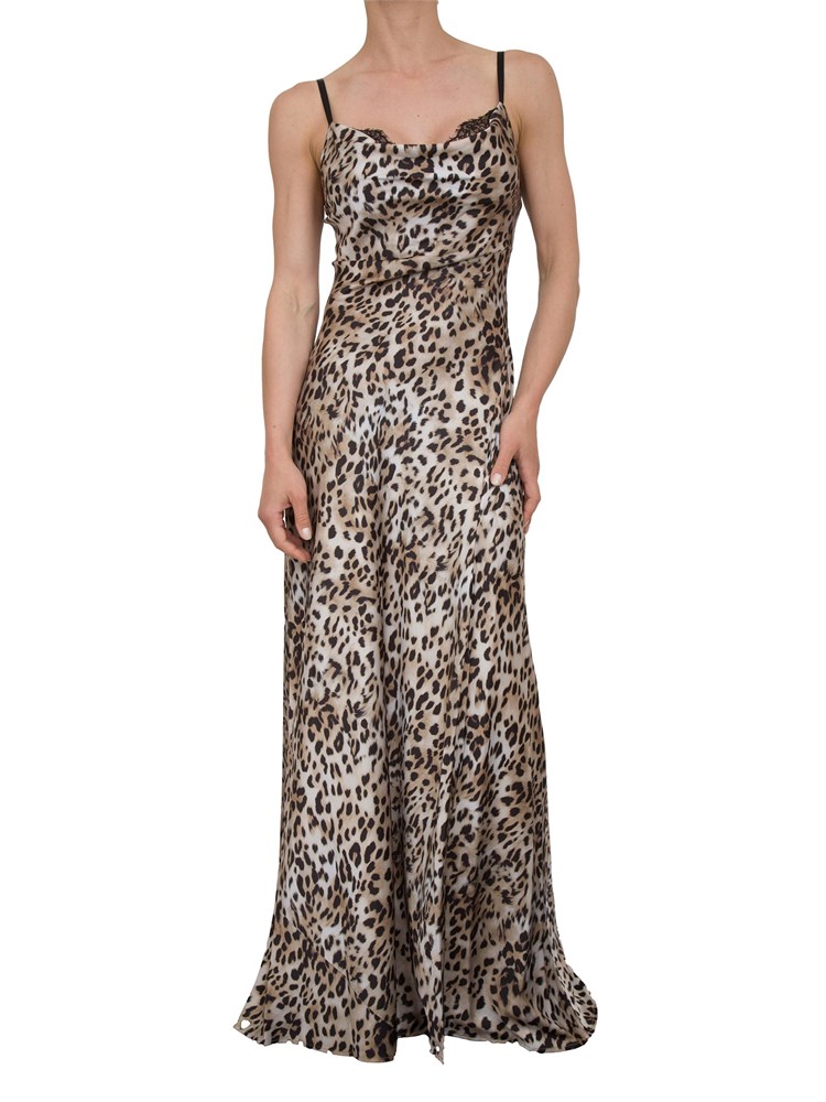 Abito lungo Guess Jeans in raso stretch con stampa animalier e scollo con pizzo