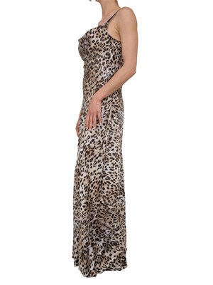 Abito lungo Guess Jeans in raso stretch con stampa animalier e scollo con pizzo in DONNA
