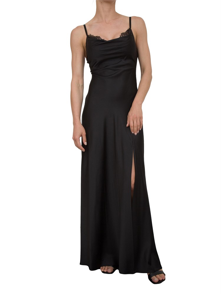 Abito lungo Guess Jeans in raso stretch nero con scollo con pizzo