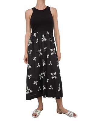 Abito lungo Kocca in cotone nero con gonna ricamo floreale a contrasto in DONNA