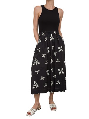 Abito lungo Kocca in cotone nero con gonna ricamo floreale a contrasto in DONNA