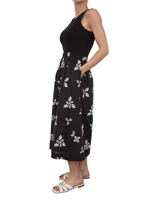 Abito lungo Kocca in cotone nero con gonna ricamo floreale a contrasto in DONNA
