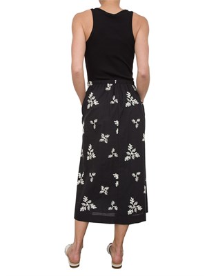 Abito lungo Kocca in cotone nero con gonna ricamo floreale a contrasto in DONNA