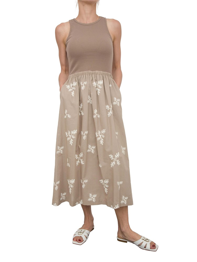 Abito lungo Kocca in cotone beige con gonna ricamo floreale a contrasto