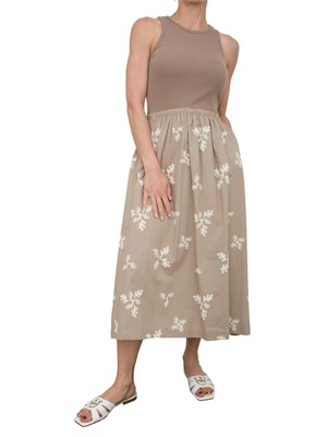 Abito lungo Kocca in cotone beige con gonna ricamo floreale a contrasto in DONNA