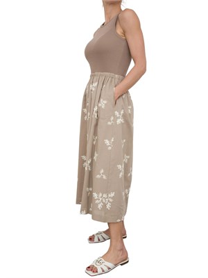 Abito lungo Kocca in cotone beige con gonna ricamo floreale a contrasto in DONNA