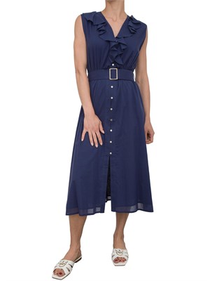 Abito midi Kocca in cotone blu con voulant, scollo a V e cintura in vita in DONNA