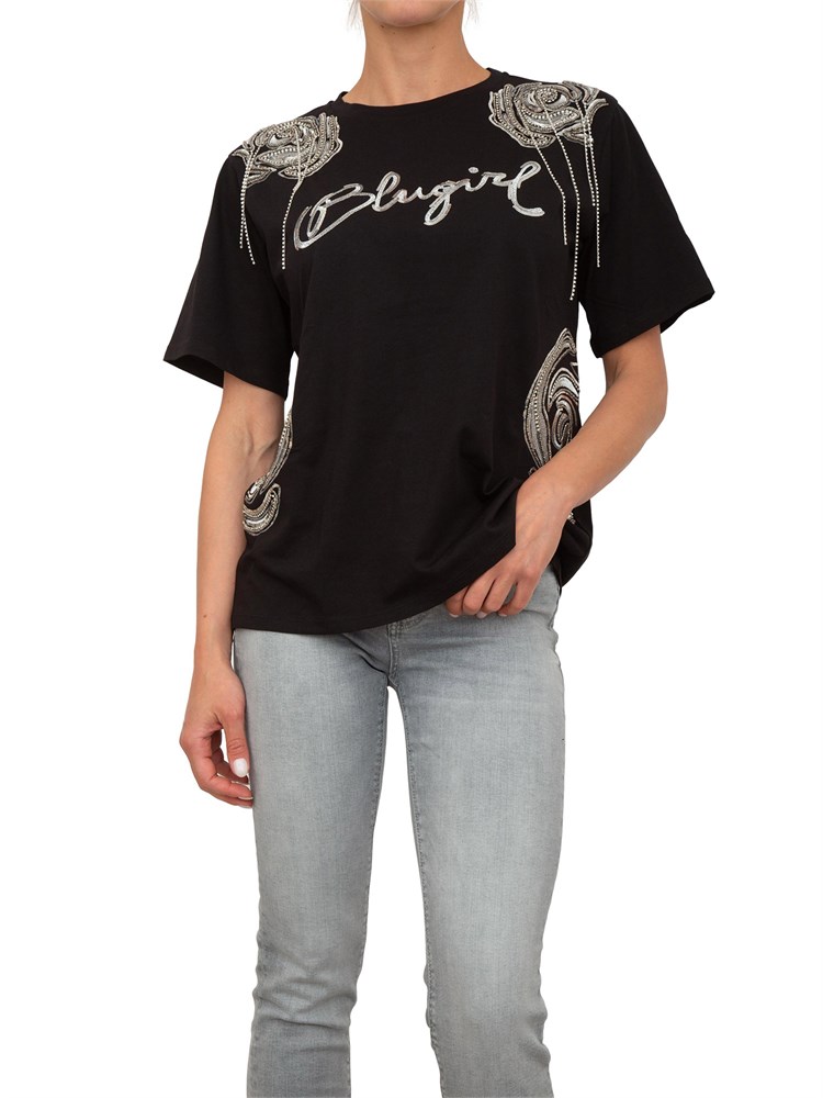 T-shirt nera Blugirl con logo e rose ricamate con paillettes e strass