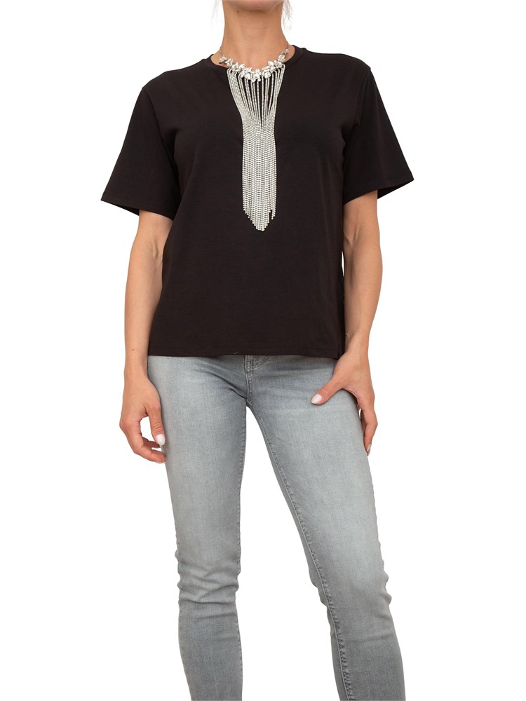 T-shirt nera Blugirl con collana di cristalli a frange