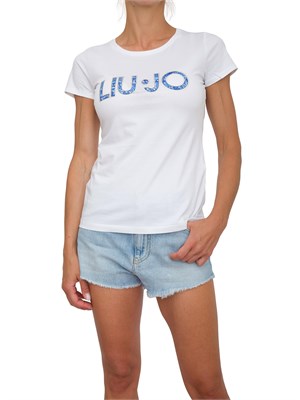 T-shirt bianca Liu Jo donna con logo motivo floreale e contorno strass in DONNA