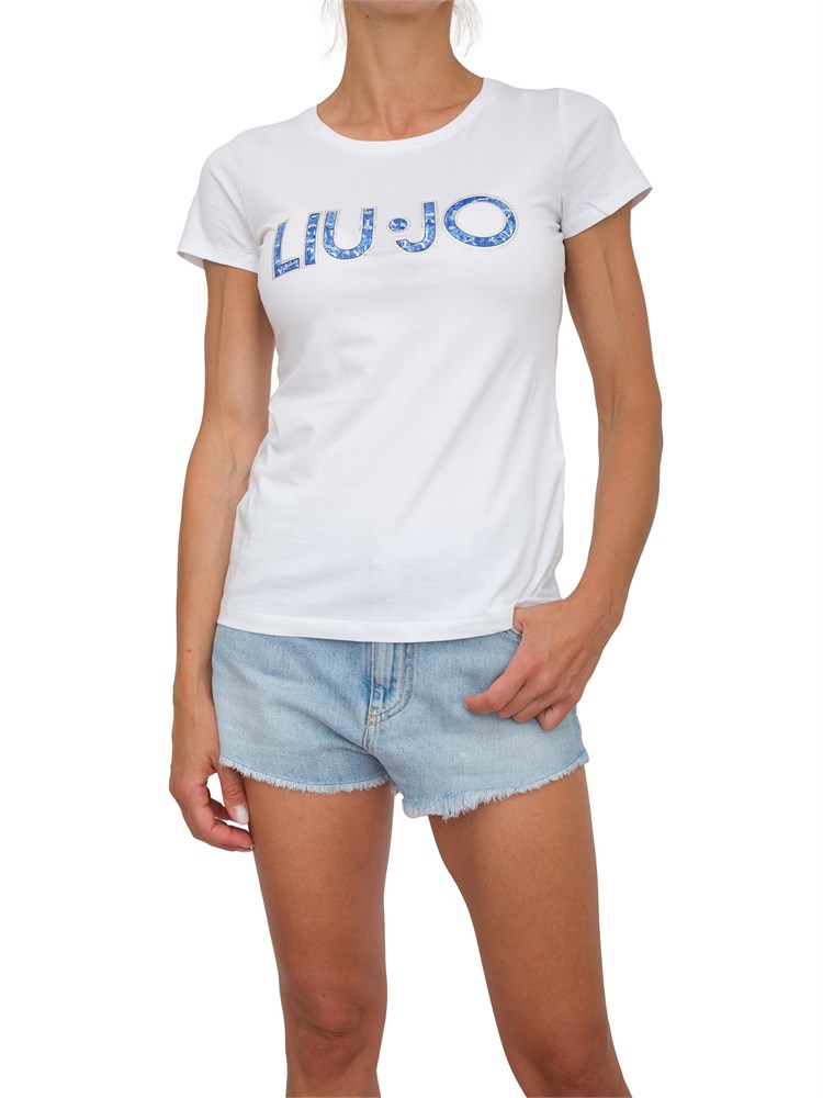 T-shirt bianca Liu Jo donna con logo motivo floreale e contorno strass