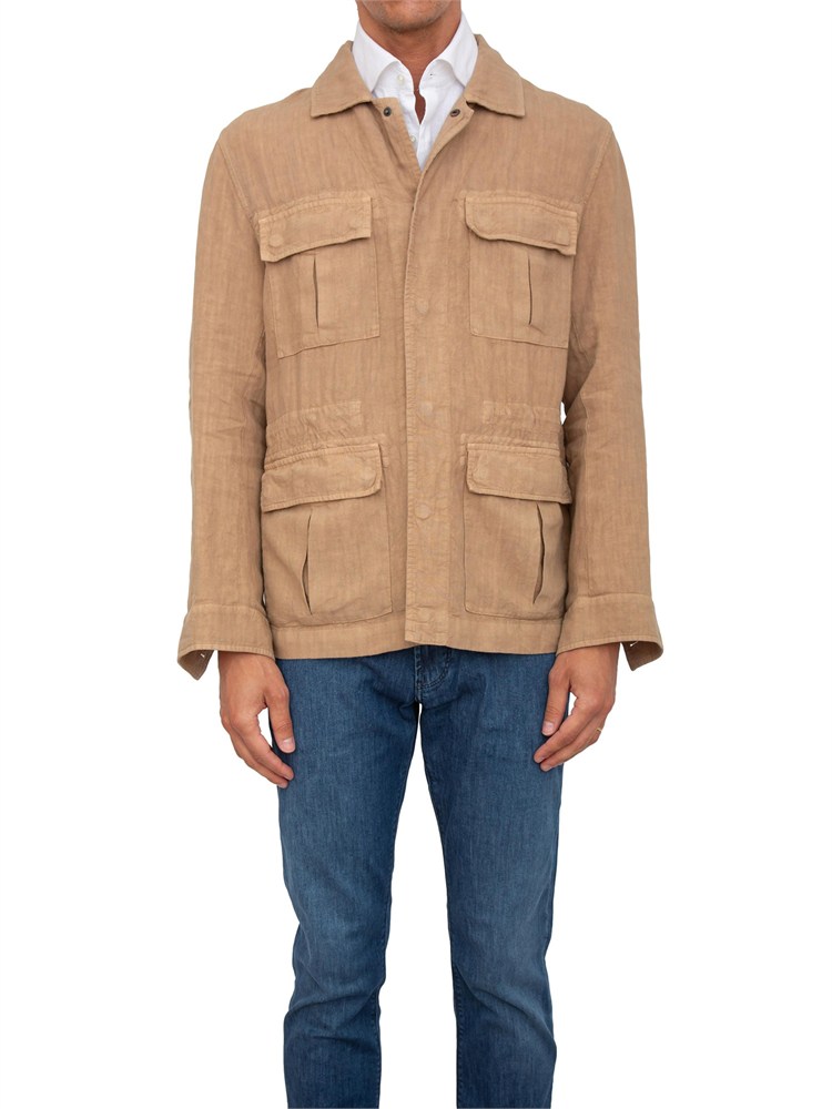 Giacca camicia Peserico uomo modello sahariana in puro lino tinto in capo beige