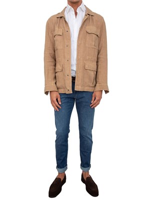 Giacca camicia Peserico uomo modello sahariana in puro lino tinto in capo beige in UOMO