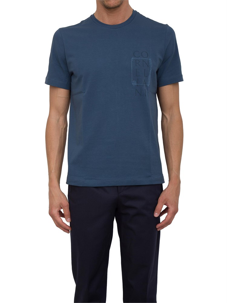 T-shirt girocollo Corneliani blu con stampa logo scomposto e ricamo