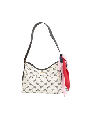 Borsa a spalla LIu Jo donna in ecopelle avorio con stampa logo all over e foulard in raso in DONNA