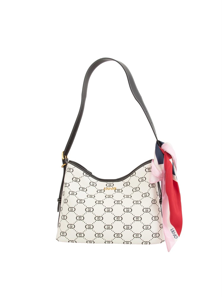 Borsa a spalla LIu Jo donna in ecopelle avorio con stampa logo all over e foulard in raso