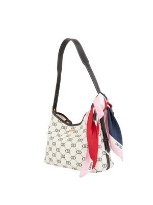 Borsa a spalla LIu Jo donna in ecopelle avorio con stampa logo all over e foulard in raso in DONNA