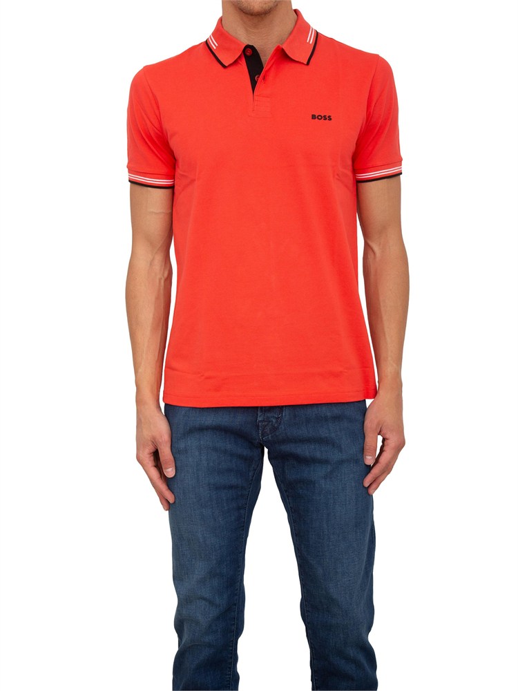 Polo slim fit Boss corallo in cotone elasticizzato con logo