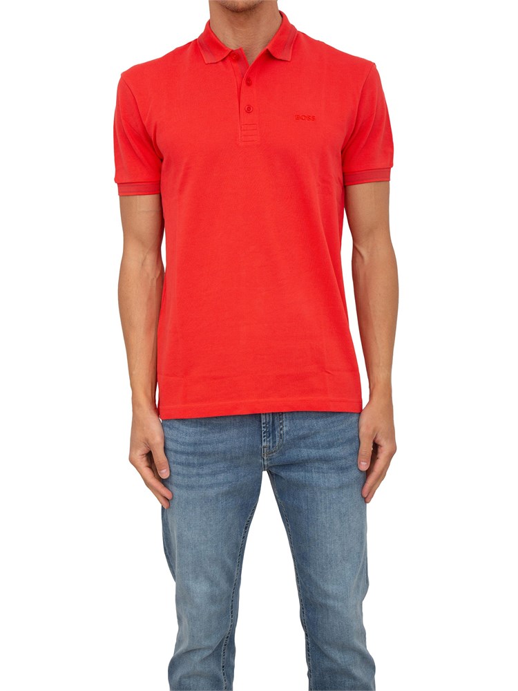 Polo rossa Boss uomo in piqué di cotone con logo