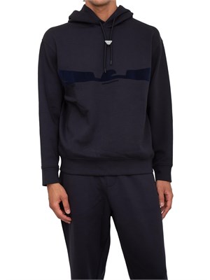 Felpa uomo blu Emporio Armani con cappuccio e aquila sagomata in flock in UOMO