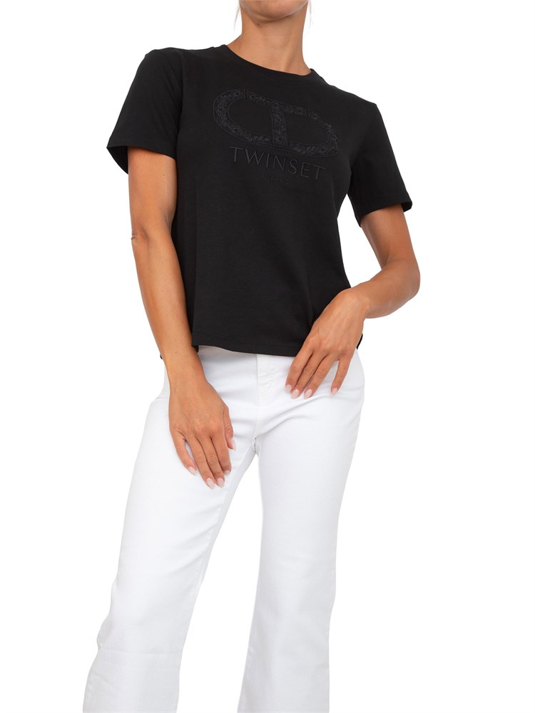 TWIN-SET T-shirt Twinset in cotone nero con ricamo Oval T