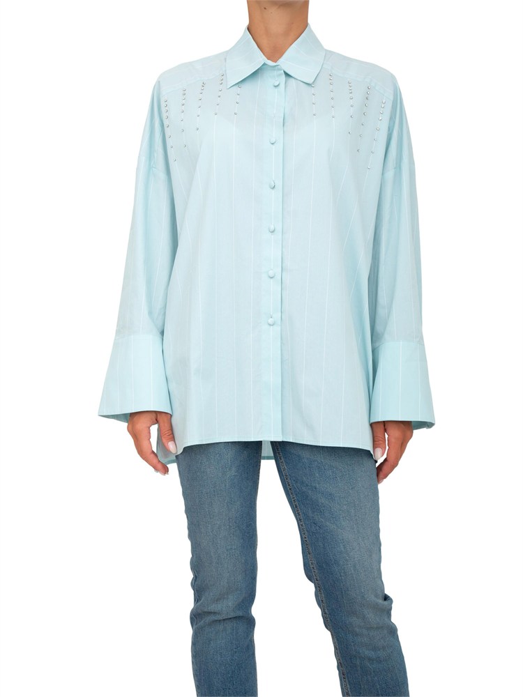 TWIN-SET Camicia Twinset Actitude in popelin tinto filo verde a riche con ricamo castoni