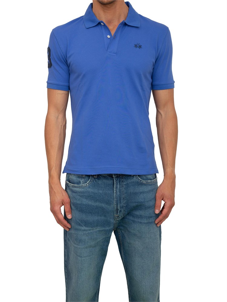 Polo uomo La Martina in cotone blu con patch numero 3 e logo sottocollo