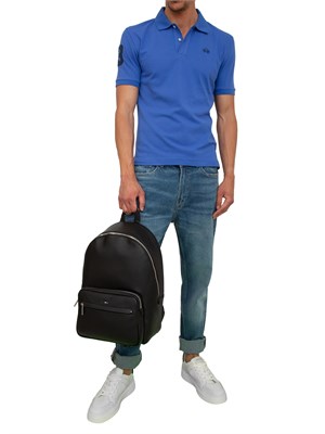 Polo uomo La Martina in cotone blu con patch numero 3 e logo sottocollo in UOMO