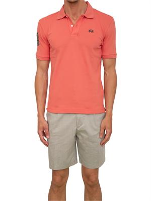 Polo uomo La Martina in cotone corallo con patch numero 3 e logo sottocollo in UOMO