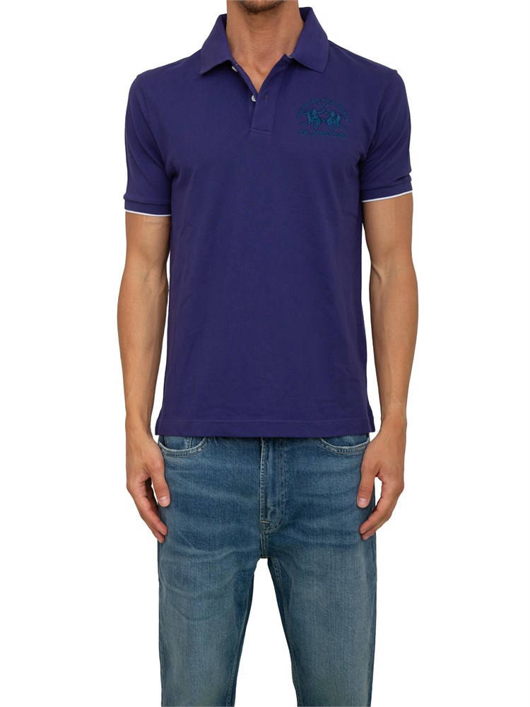 Polo uomo La Martina in cotone blu con logo grande e sottocollo con logo a contrasto