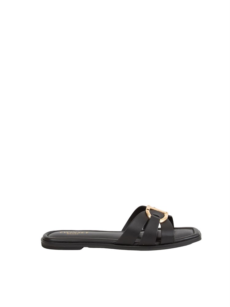 TWIN-SET Sandali slide Twinset in pelle nera con Oval T