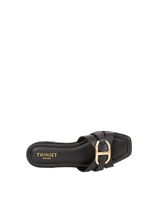 TWIN-SET Sandali slide Twinset in pelle nera con Oval T in DONNA