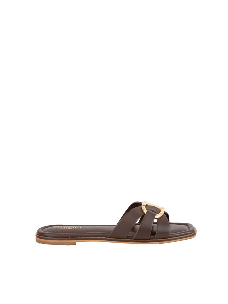TWIN-SET Sandali slide Twinset in pelle marrone con Oval T