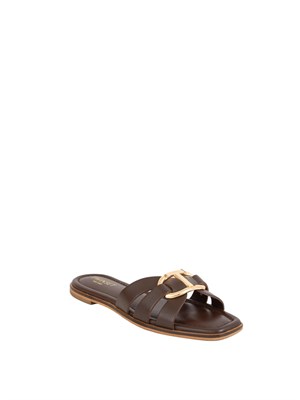 TWIN-SET Sandali slide Twinset in pelle marrone con Oval T in DONNA