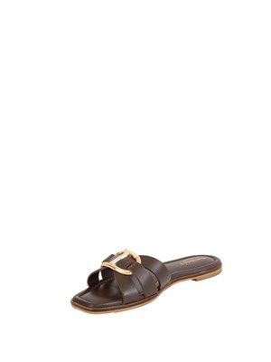 TWIN-SET Sandali slide Twinset in pelle marrone con Oval T in DONNA