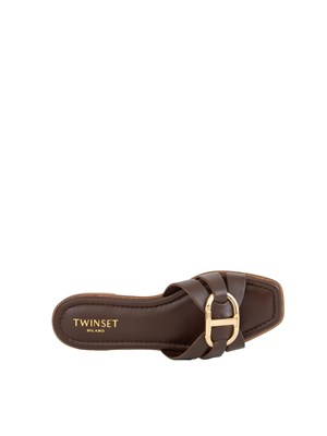 TWIN-SET Sandali slide Twinset in pelle marrone con Oval T in DONNA