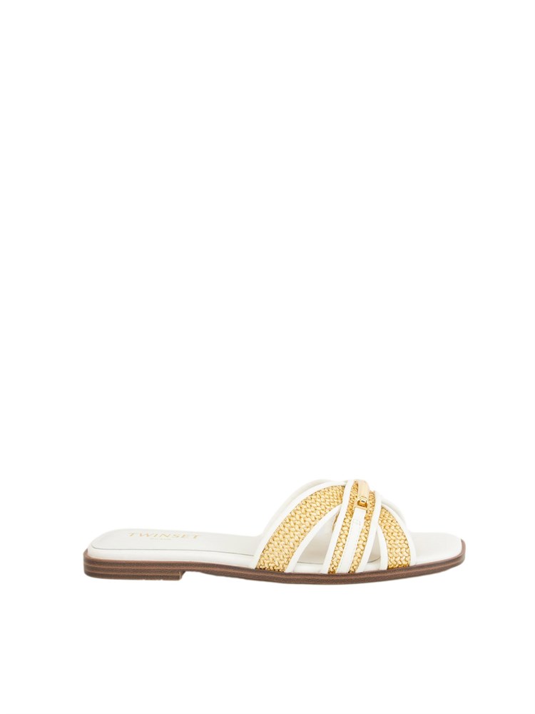 TWIN-SET Sandali slide Twinset in pelle bianca e rafia intrecciata con placca logo lettering