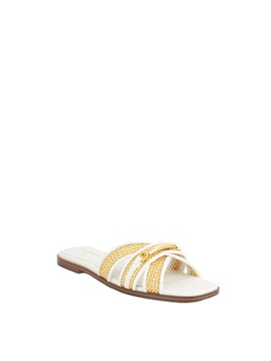 TWIN-SET Sandali slide Twinset in pelle bianca e rafia intrecciata con placca logo lettering in DONNA