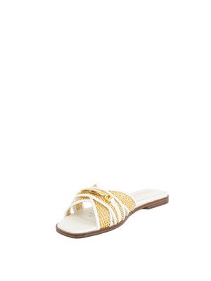 TWIN-SET Sandali slide Twinset in pelle bianca e rafia intrecciata con placca logo lettering in DONNA