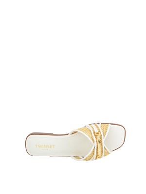 TWIN-SET Sandali slide Twinset in pelle bianca e rafia intrecciata con placca logo lettering in DONNA