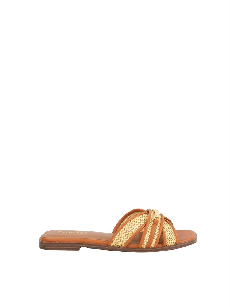 TWIN-SET Sandali slide Twinset in pelle marrone e rafia intrecciata con placca logo lettering