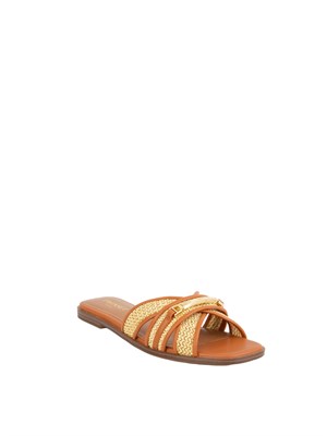 TWIN-SET Sandali slide Twinset in pelle marrone e rafia intrecciata con placca logo lettering in DONNA