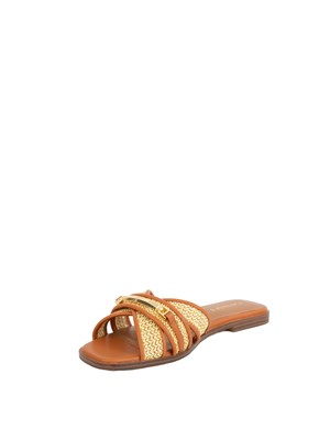TWIN-SET Sandali slide Twinset in pelle marrone e rafia intrecciata con placca logo lettering in DONNA